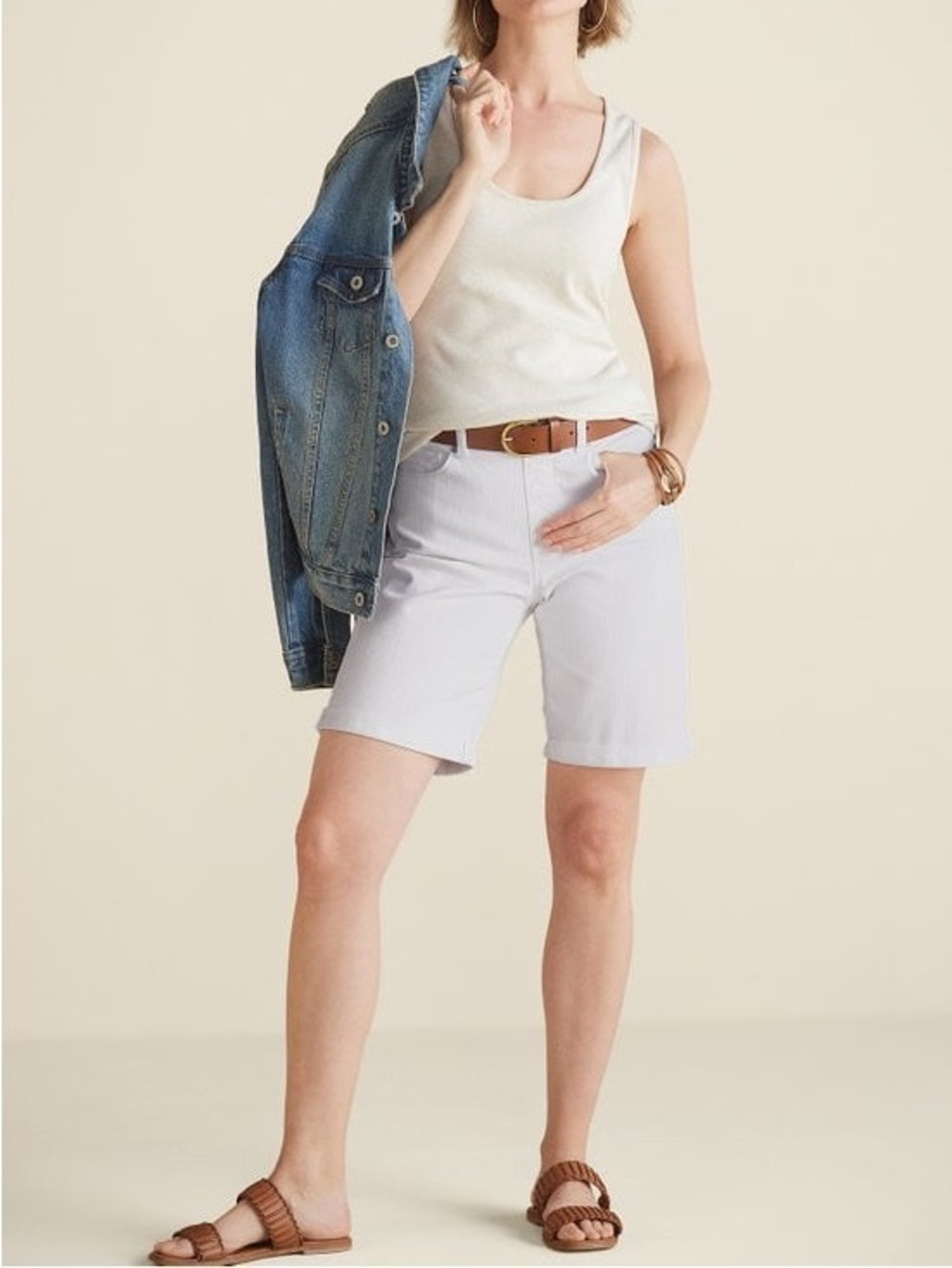 Soft Surroundings white denim summer pull on relaxed denim Bermuda shorts PM